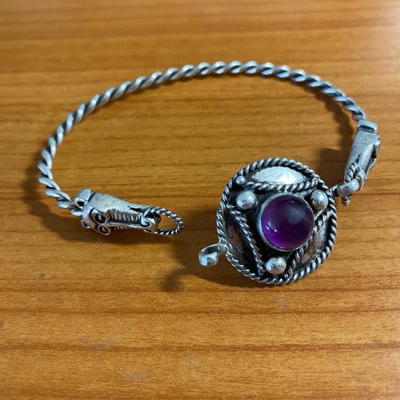 Celtic Viking Doubled Headed Dragon Silver Bracelet with Purple Stone - Picture 5 of 5